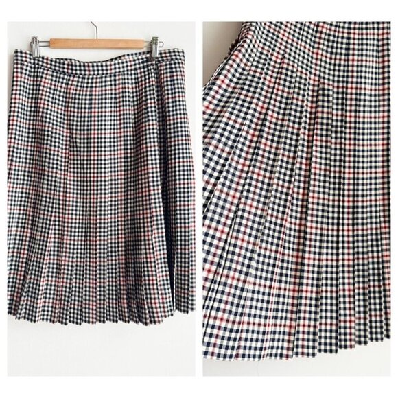 Vintage Jaeger Check Print Pleated Pure New Wool Midi Skirt XL - Picture 1 of 7